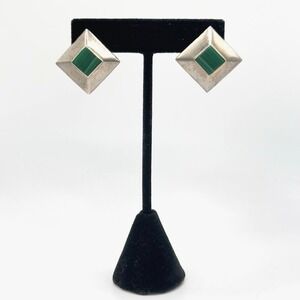 Vintage Artisan Earrings 925 Sterling Silver Green Malachite Pierced